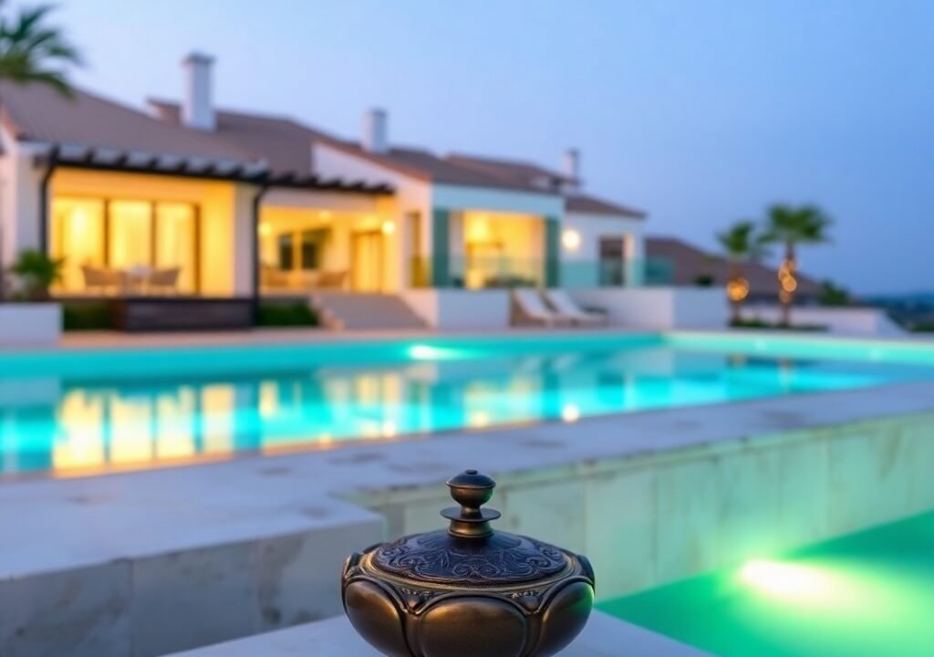 Spanish Property Market Analysis 2024 Trends in Marbella, Estepona, and Benahavis in cast bronze. Bioluminescent colors, natural light effects, vibrant glow, antique patina finish