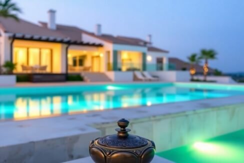 Spanish Property Market Analysis 2024 Trends in Marbella, Estepona, and Benahavis in cast bronze. Bioluminescent colors, natural light effects, vibrant glow, antique patina finish