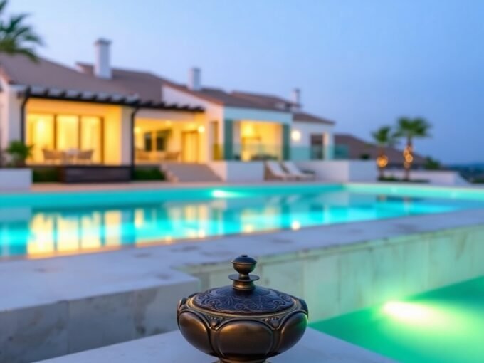 Spanish Property Market Analysis 2024 Trends in Marbella, Estepona, and Benahavis in cast bronze. Bioluminescent colors, natural light effects, vibrant glow, antique patina finish