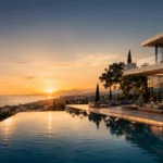 Luxury villa terrace at sunset